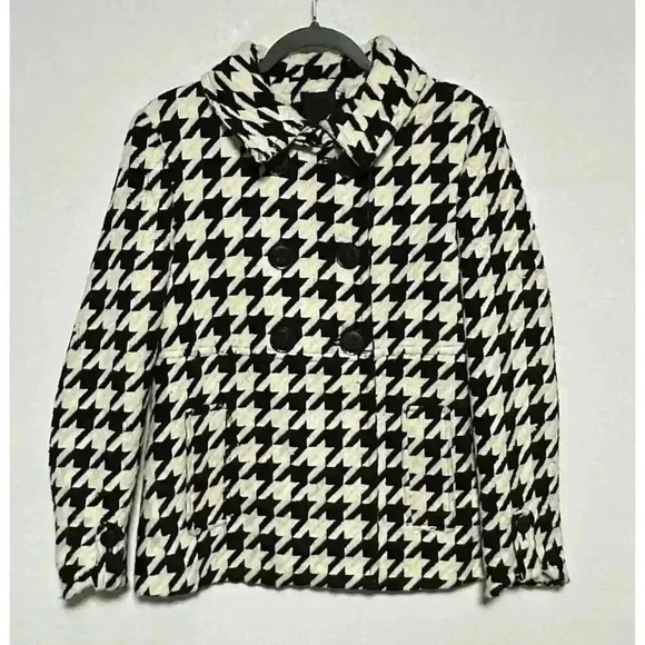 Express Pea Coat Wool Blend Houndstooth White Black Y2K Women's Size S - Picture 1 of 11